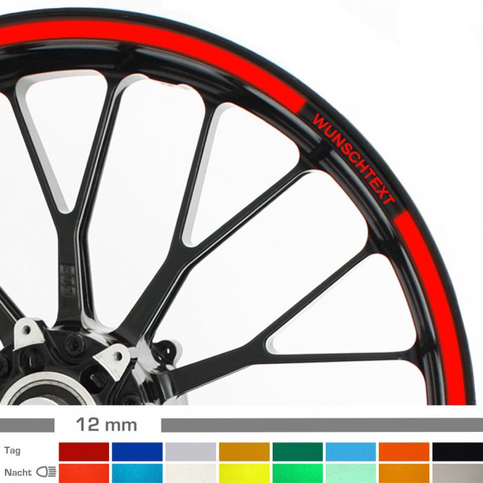 Felgenrandaufkleber 12mm reflektierend Motorrad mit Wunschtext main product photo