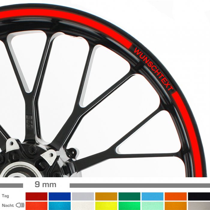 Felgenrandaufkleber 9mm reflektierend Motorrad mit Wunschtext main product photo