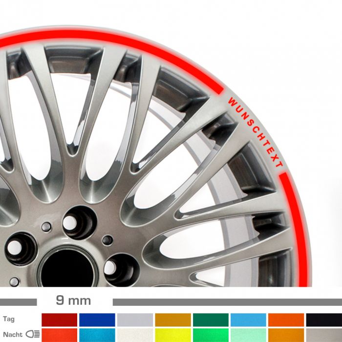 Felgenrandaufkleber 9mm reflektierend Auto mit Wunschtext main product photo